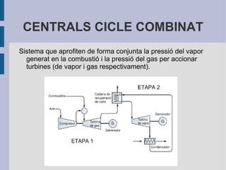 TURBINES DE VAPOR Transforma l'energia cinètica del vapor en energia cinètica de rotació. Normalment una turbina de vapor de diferents cossos d'àleps ( d'alta, mitja i baixa pressió ) per aprofitar millor la velocitat decreixent del vapor. 