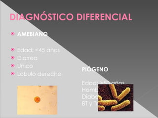 DIAGNÓSTICO DIFERENCIAL
   AMEBIANO

 Edad: <45 años
 Diarrea
 Unico
                   PIÓGENO
 Lobulo derecho

                   Edad: >50 años
                   Hombre
                   Diabetes
                   BT y Transaminasas
 