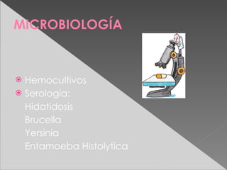 MICROBIOLOGÍA



 Hemocultivos
 Serología:
  Hidatidosis
  Brucella
  Yersinia
  Entamoeba Histolytica
 
