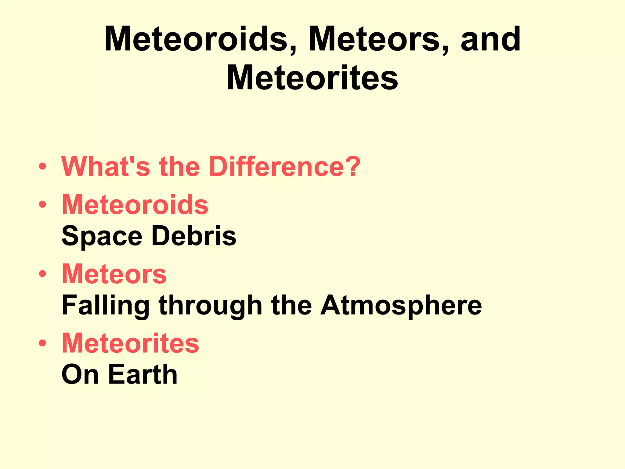 Meteoroids, Meteors, and Meteorites What's the Difference? Meteoroids Space Debris Meteors Falling through the Atmosphere Meteorites On Earth 