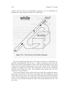 142                                                        Chapter 17: Loops

"while" does not have its commonplace meaning, so it is worthwhile ex-
plaining the steps which take place in a while loop.




    The ﬁrst important thing about this loop is that has a conditional ex-
pression (something like (a > b) etc...) which is evaluated every time the
loop is executed by the computer. If the value of the expression is true, then
it will carry on with the instructions in the curly braces. If the expression
evaluates to false (or 0) then the instructions in the braces are ignored
and the entire while loop ends. The computer then moves onto the next
statement in the program.
    The second thing to notice about this loop is that the conditional expres-
sion comes at the start of the loop: this means that the condition is tested
at the start of every ‘pass’, not at the end. The reason that this is important
is this: if the condition has the value false before the loop has been executed
even once, the statements inside the braces will not get executed at all – not
even once.
 