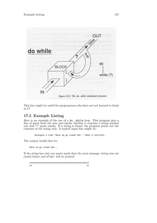 Example Listing                                                         147




This fact might be useful for programmers who have not yet learned to think
in C!

17.5 Example Listing
Here is an example of the use of a do..while loop. This program gets a
line of input from the user and checks whether it contains a string marked
out with "" quote marks. If a string is found, the program prints out the
contents of the string only. A typical input line might be:

        Onceupon a time "Here we go round the..."what a terrible..

The output would then be:

    Here we go round the...

If the string has only one quote mark then the error message ‘string was not
closed before end of line’ will be printed.

    /**********************************************/
    /*                                            */
 