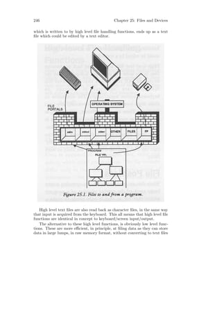 246                                           Chapter 25: Files and Devices

which is written to by high level ﬁle handling functions, ends up as a text
ﬁle which could be edited by a text editor.




   High level text ﬁles are also read back as character ﬁles, in the same way
that input is acquired from the keyboard. This all means that high level ﬁle
functions are identical in concept to keyboard/screen input/output.
   The alternative to these high level functions, is obviously low level func-
tions. These are more eﬃcient, in principle, at ﬁling data as they can store
data in large lumps, in raw memory format, without converting to text ﬁles
 