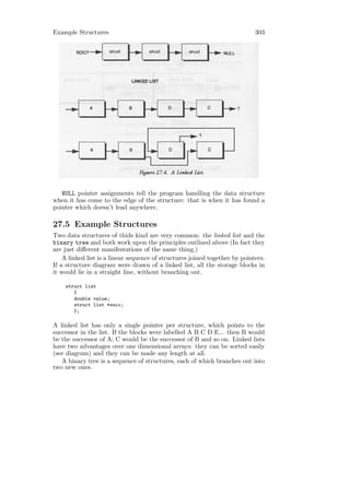 Example Structures                                                           303




   NULL pointer assignments tell the program handling the data structure
when it has come to the edge of the structure: that is when it has found a
pointer which doesn’t lead anywhere.

27.5 Example Structures
Two data structures of thids kind are very common: the linked list and the
binary tree and both work upon the principles outlined above (In fact they
are just diﬀerent manifestations of the same thing.)
    A linked list is a linear sequence of structures joined together by pointers.
If a structure diagram were drawn of a linked list, all the storage blocks in
it would lie in a straight line, without branching out.

    struct list
       {
       double value;
       struct list *succ;
       };

A linked list has only a single pointer per structure, which points to the
successor in the list. If the blocks were labelled A B C D E... then B would
be the successor of A; C would be the successor of B and so on. Linked lists
have two advantages over one dimensional arrays: they can be sorted easily
(see diagram) and they can be made any length at all.
   A binary tree is a sequence of structures, each of which branches out into
two new ones.
 