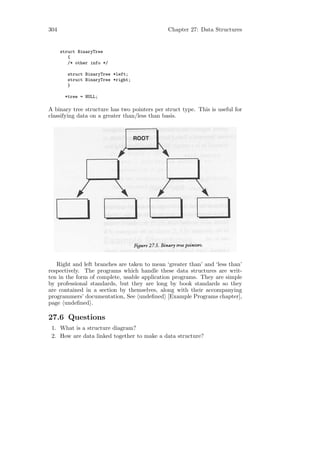 304                                           Chapter 27: Data Structures


      struct BinaryTree
         {
         /* other info */

         struct BinaryTree *left;
         struct BinaryTree *right;
         }

       *tree = NULL;

A binary tree structure has two pointers per struct type. This is useful for
classifying data on a greater than/less than basis.




   Right and left branches are taken to mean ‘greater than’ and ‘less than’
respectively. The programs which handle these data structures are writ-
ten in the form of complete, usable application programs. They are simple
by professional standards, but they are long by book standards so they
are contained in a section by themselves, along with their accompanying
programmers’ documentation, See undeﬁned [Example Programs chapter],
page undeﬁned .

27.6 Questions
 1. What is a structure diagram?
 2. How are data linked together to make a data structure?
 