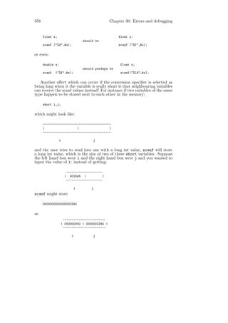 358                                             Chapter 30: Errors and debugging


      float x;                                      float x;
                               should be
      scanf ("%d",&x);                              scanf ("%f",&x);

or even:

      double x;                                      float x;
                               should perhaps be
      scanf   ("%f",&x);                             scanf("%ld",&x);

   Another eﬀect which can occur if the conversion speciﬁer is selected as
being long when it the variable is really short is that neighbouring variables
can receive the scanf values instead! For instance if two variables of the same
type happen to be stored next to each other in the memory:

      short i,j;

which might look like:

      --------------------------------------
      |                  |                 |
      --------------------------------------

                 i                   j

and the user tries to read into one with a long int value, scanf will store
a long int value, which is the size of two of these short variables. Suppose
the left hand box were i and the right hand box were j and you wanted to
input the value of i: instead of getting:

                      --------------------
                     | 002345 |            |
                      --------------------

                           i        j
scanf might store

      0000000000000002345

as
                    ------------------------
                   | 000000000 | 0000002345 |
                    ------------------------

                         i           j
 