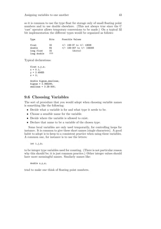 Assigning variables to one another                                          43

so it is common to use the type ﬂoat for storage only of small ﬂoating point
numbers and to use double elsewhere. (This not always true since the C
‘cast’ operator allows temporary conversions to be made.) On a typical 32
bit implementation the diﬀerent types would be organized as follows:

    Type            Bits      Possible Values

    float           32        +/- 10E-37 to +/- 10E38
    double          64        +/- 10E-307 to +/- 10E308
    long float      32                (ditto)
    long double     ???

Typical declarations:

    float x,y,z;
    x = 0.1;
    y = 2.456E5
    z = 0;

    double bignum,smallnum;
    bignum = 2.36E208;
    smallnum = 3.2E-300;



9.6 Choosing Variables
The sort of procedure that you would adopt when choosing variable names
is something like the following:
  • Decide what a variable is for and what type it needs to be.
  • Choose a sensible name for the variable.
  • Decide where the variable is allowed to exist.
  • Declare that name to be a variable of the chosen type.
   Some local variables are only used temporarily, for controlling loops for
instance. It is common to give these short names (single characters). A good
habit to adopt is to keep to a consistent practice when using these variables.
A common one, for instance is to use the letters:

    int i,j,k;

to be integer type variables used for counting. (There is not particular reason
why this should be; it is just common practice.) Other integer values should
have more meaningful names. Similarly names like:

    double x,y,z;

tend to make one think of ﬂoating point numbers.
 