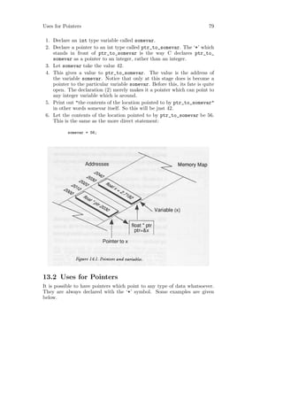 Uses for Pointers                                                          79

 1. Declare an int type variable called somevar.
 2. Declare a pointer to an int type called ptr_to_somevar. The ‘*’ which
    stands in front of ptr_to_somevar is the way C declares ptr_to_
    somevar as a pointer to an integer, rather than an integer.
 3. Let somevar take the value 42.
 4. This gives a value to ptr_to_somevar. The value is the address of
    the variable somevar. Notice that only at this stage does is become a
    pointer to the particular variable somevar. Before this, its fate is quite
    open. The declaration (2) merely makes it a pointer which can point to
    any integer variable which is around.
 5. Print out "the contents of the location pointed to by ptr_to_somevar"
    in other words somevar itself. So this will be just 42.
 6. Let the contents of the location pointed to by ptr_to_somevar be 56.
    This is the same as the more direct statement:

           somevar = 56;




13.2 Uses for Pointers
It is possible to have pointers which point to any type of data whatsoever.
They are always declared with the ‘*’ symbol. Some examples are given
below.
 