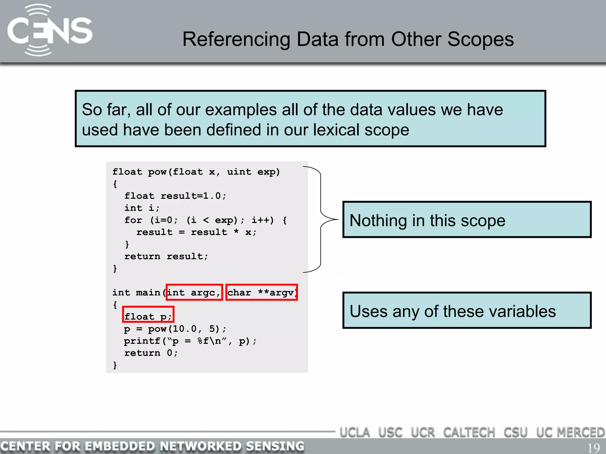 19
Referencing Data from Other Scopes
So far, all of our examples all of the data values we have
used have been defined in our lexical scope
float pow(float x, uint exp)
{
float result=1.0;
int i;
for (i=0; (i < exp); i++) {
result = result * x;
}
return result;
}
int main(int argc, char **argv)
{
float p;
p = pow(10.0, 5);
printf(“p = %fn”, p);
return 0;
}
Nothing in this scope
Uses any of these variables
 