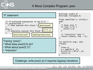 A More Complex Program: pow #include <stdio.h> #include <inttypes.h> float pow(float x, uint32_t exp) {   /* base case */ if (exp == 0) { return 1.0; } /* “recursive” case */ return x*pow(x, exp – 1); } int main(int argc, char **argv) { float p; p = pow(10.0, 5); printf(“p = %f\n”, p); return 0; } Challenge: write pow() so it requires log(exp) iterations Tracing “pow()”:  What does pow(5,0) do? What about pow(5,1)? “ Induction” “ if” statement /* if evaluated expression is not 0 */ if ( expression ) { /* then execute this block */ } else {   /* otherwise execute this block */ } Need braces? detecting brace errors Short-circuit eval? X ? Y : Z 
