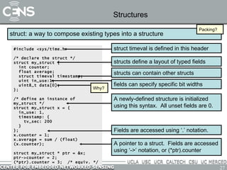 Structures struct: a way to compose existing types into a structure #include <sys/time.h> /* declare the struct */ struct my_struct { int counter; float average; struct timeval timestamp; uint in_use:1; uint8_t data[0]; }; /* define an instance of my_struct */ struct my_struct x = { in_use: 1, timestamp: {   tv_sec: 200 } }; x.counter = 1; x.average = sum / (float)(x.counter); struct my_struct * ptr = &x; ptr->counter = 2; (*ptr).counter = 3;  /* equiv. */ struct timeval is defined in this header structs can contain other structs fields can specify specific bit widths A newly-defined structure is initialized using this syntax.  All unset fields are 0. structs define a layout of typed fields Fields are accessed using ‘.’ notation. A pointer to a struct.  Fields are accessed using ‘->’ notation, or (*ptr).counter Packing? Why? 