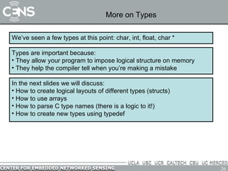 More on Types We’ve seen a few types at this point: char, int, float, char * Types are important because: They allow your program to impose logical structure on memory They help the compiler tell when you’re making a mistake In the next slides we will discuss: How to create logical layouts of different types (structs) How to use arrays How to parse C type names (there is a logic to it!)  How to create new types using typedef 