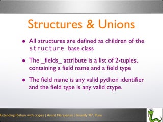 Structures & Unions All structures are defined as children of the  structure  base class The _fields_ attribute is a list of 2-tuples, containing a field name and a field type The field name is any valid python identifier and the field type is any valid ctype. 