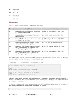 A&B = 0000 1000 
A|B = 0011 1101 
A^B = 0011 0001 
~A = 1100 0011 
Show Examples 
There are following Bitwise operators supported by C language 
Operator Description Example 
& Binary AND Operator copies a bit to the result 
if it exists in both operands. 
(A & B) will give 12 which is 0000 1100 
| Binary OR Operator copies a bit if it exists in 
eather operand. 
(A | B) will give 61 which is 0011 1101 
^ Binary XOR Operator copies the bit if it is set in 
one operand but not both. 
(A ^ B) will give 49 which is 0011 0001 
~ Binary Ones Complement Operator is unary 
and has the efect of 'flipping' bits. 
(~A ) will give -60 which is 1100 0011 
<< Binary Left Shift Operator. The left operands 
value is moved left by the number of bits 
specified by the right operand. 
A << 2 will give 240 which is 1111 0000 
>> Binary Right Shift Operator. The left operands 
value is moved right by the number of bits 
specified by the right operand. 
A >> 2 will give 15 which is 0000 1111 
The shift operators perform appropriate shift by operator on the right to the operator on the left. The right 
operator must be positive. The vacated bits are filled with zero. 
For example: x << 2 shifts the bits in x by 2 places to the left. 
if x = 00000010 (binary) or 2 (decimal) 
then: 
x >>= 2 => x = 00000000 or just 0 (decimal) 
Also: if x = 00000010 (binary) or 2 (decimal) 
then 
x <<= 2 => x = 00001000 or 8 (decimal) 
Therefore a shift left is equivalent to a multiplication by 2. Similarly a shift right is equal to division by 2. 
Shifting is much faster than actual multiplication (*) or division (/) by 2. So if you want fast multiplications 
or division by 2 use shifts. 
To illustrate many points of bitwise operators let us write a function, Bitcount, that counts bits set to 1 in an 
8 bit number (unsigned char) passed as an argument to the function. 
int bitcount(unsigned char x) 
M V B REDDY GITAM UNIVERSITY BLR 
 