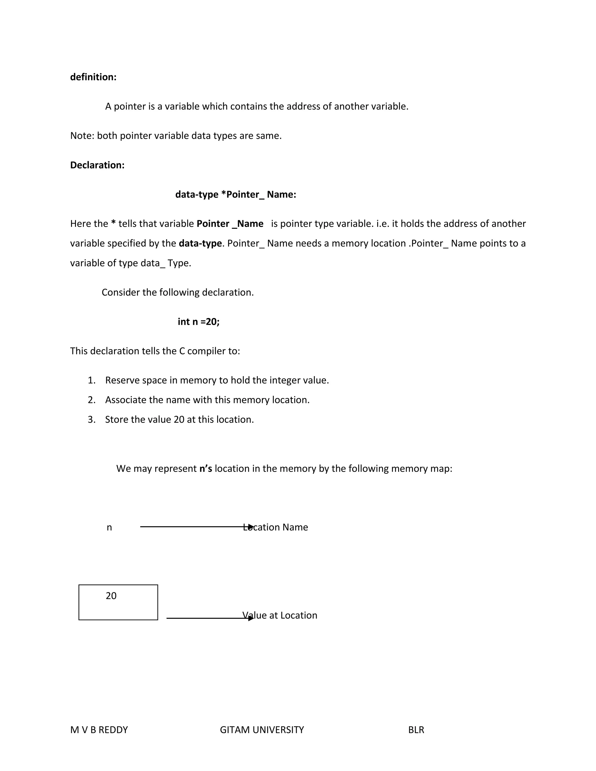 definition: 
A pointer is a variable which contains the address of another variable. 
Note: both pointer variable data types are same. 
Declaration: 
data-type *Pointer_ Name: 
Here the * tells that variable Pointer _Name is pointer type variable. i.e. it holds the address of another 
variable specified by the data-type. Pointer_ Name needs a memory location .Pointer_ Name points to a 
variable of type data_ Type. 
Consider the following declaration. 
int n =20; 
This declaration tells the C compiler to: 
1. Reserve space in memory to hold the integer value. 
2. Associate the name with this memory location. 
3. Store the value 20 at this location. 
We may represent n’s location in the memory by the following memory map: 
n Location Name 
Value at Location 
20 
M V B REDDY GITAM UNIVERSITY BLR 
 