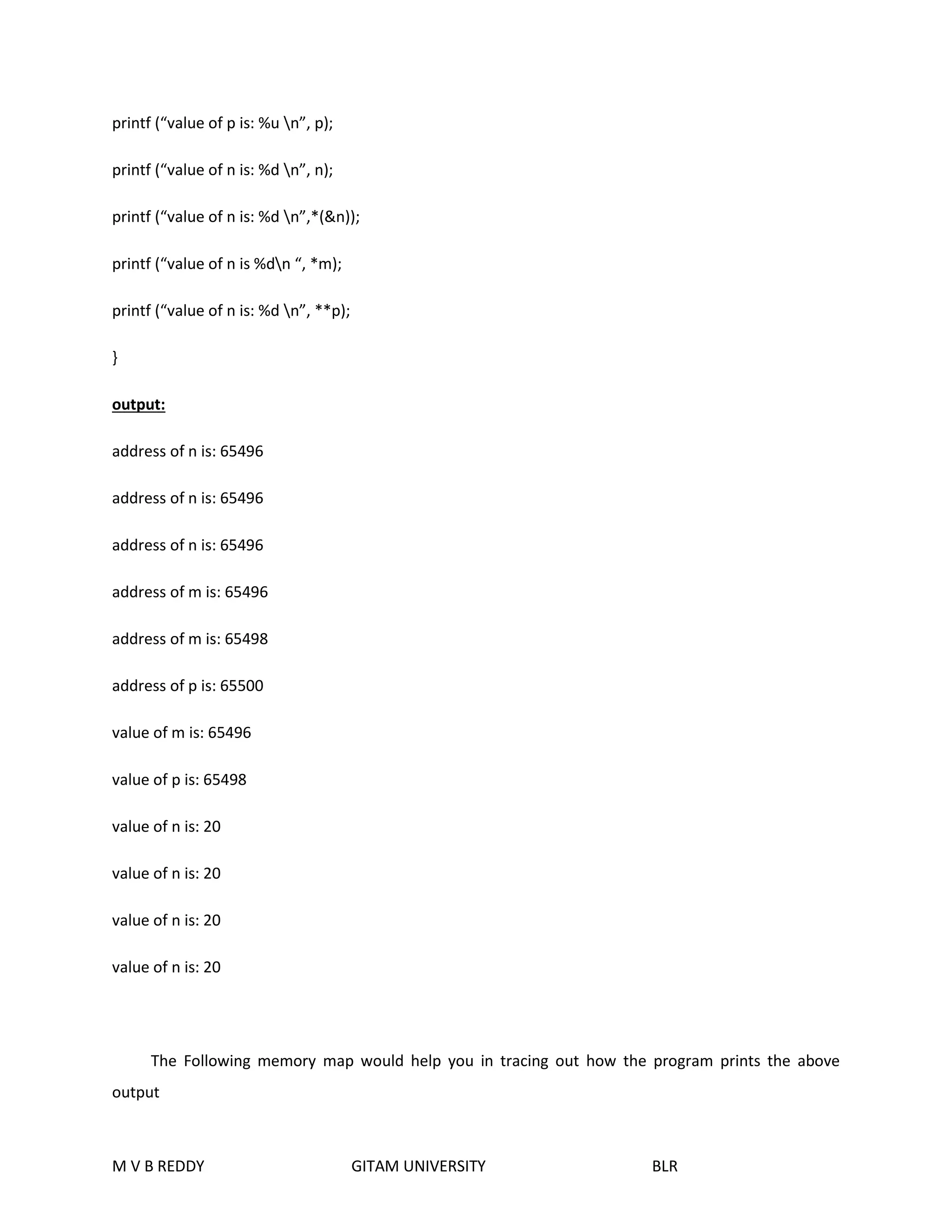 printf (“value of p is: %u n”, p); 
printf (“value of n is: %d n”, n); 
printf (“value of n is: %d n”,*(&n)); 
printf (“value of n is %dn “, *m); 
printf (“value of n is: %d n”, **p); 
} 
output: 
address of n is: 65496 
address of n is: 65496 
address of n is: 65496 
address of m is: 65496 
address of m is: 65498 
address of p is: 65500 
value of m is: 65496 
value of p is: 65498 
value of n is: 20 
value of n is: 20 
value of n is: 20 
value of n is: 20 
The Following memory map would help you in tracing out how the program prints the above 
output 
M V B REDDY GITAM UNIVERSITY BLR 
 
