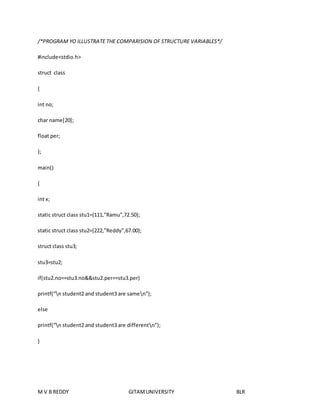 /*PROGRAM YO ILLUSTRATE THE COMPARISION OF STRUCTURE VARIABLES*/ 
#include<stdio.h> 
struct class 
{ 
int no; 
char name[20]; 
float per; 
}; 
main() 
{ 
int x; 
static struct class stu1={111,”Ramu”,72.50}; 
static struct class stu2={222,”Reddy”,67.00}; 
struct class stu3; 
stu3=stu2; 
if(stu2.no==stu3.no&&stu2.per==stu3.per) 
printf(“n student2 and student3 are samen”); 
else 
printf(“n student2 and student3 are differentn”); 
} 
M V B REDDY GITAM UNIVERSITY BLR 
 