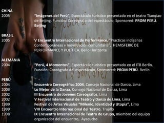 CHINA 2005  “Imágenes del Perú”,  Espectáculo turístico presentado en el teatro Tianqiao  de Beijing. Función: Coreógrafo del espectáculo, Sponsored:  PROM PERÚ .  Beijing   BRASIL 2005  V Encuentro Internacional de Performance , “Practicas indígenas  Contemporáneas y movilización comunitaria”,  HEMISFERIC DE  PERFORMANCE Y POLÍTICA. Bello Horizonte   ALEMANIA 2004 “Perú, 4 Momentos”,  Espectáculo turístico presentado en el ITB Berlín.  Función: Coreógrafo del espectáculo, Sponsored:  PROM PERÚ . Berlín   PERÚ 2004   Encuentro Coreográfico 2004 , Consejo Nacional de Danza, Lima  2003 Lo Mejor de la Danza , Consejo Nacional de Danza, Lima  2002 III Encuentro de Jóvenes Coreógrafos , Lima  2002 V Festival Internacional de Teatro y Danza de Lima , Lima  1999 Festival de Artes Visuales “Milenio, Identidad y Utopía” , Lima  1999 VIII Encuentro Internacional del Teatro , Trujillo  1998 IX Encuentro Internacional de Teatro de Grupo,  miembro del equipo  organizador del encuentro,  Ayacucho 