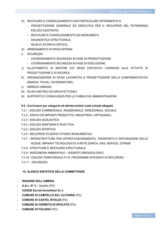 CURRICULUM PROFESSIONALE


    G)   RESTAURO E CONSOLIDAMENTO CON PARTICOLARE RIFERIMENTO A:
         -   PROGETTAZIONE GENERALE ED ESECUTIVA PER IL RECUPERO DEL PATRIMONIO
             EDILIZIO ESISTENTE;
         -   RESTAURO E CONSOLIDAMENTO DEI MONUMENTI;
         -   DIAGNOSTICA STRUTTURALE;
         -   RILIEVO STORICO-CRITICO;
    H)   ARREDAMENTO DI SPAZI INTERNI
    I)   SICUREZZA
         -   COORDINAMENTO SICUREZZA IN FASE DI PROGETTAZIONE
         -   COORDINAMENTO SICUREZZA IN FASE DI ESECUZIONE
    J)   ALLESTIMENTO DI MOSTRE E/O SPAZI ESPOSITIVI CONNESSI ALLE ATTIVITÀ DI
         PROGETTAZIONE E DI RICERCA
    K)   ORGANIZZAZIONE DI SPAZI LAVORATIVI E PROGETTAZIONE DELLA COMPONENTISTICA
         (BANCHI, TAVOLI, SCHERMATURE)
    L)   ARREDO URBANO
    M) RILIEVI METRICI ED ARCHITETTONICI
    N)   SUPPORTO E CONSULENZA PER LE PUBBLICHE AMMINISTRAZIONI


    9.2 - Curriculum per categorie ed attivitá similari (vedi schede allegate)
    7.2.1 - EDILIZIA COMMERCIALE, RESIDENZIALE, DIREZIONALE, SOCIALE
    7.2.2 - EDIFICI ED IMPIANTI PRODUTTIVI, INDUSTRIALI, ARTIGIANALI
    7.2.3 - EDILIZIA SCOLASTICA
    7.2.4 - EDILIZIA SANITARIA E RICETTIVA
    7.2.5 - EDILIZIA SPORTIVA
    7.2.6 - RECUPERO DI EDIFICI STORICI MONUMENTALI
    7.2.7 - INFRASTRUTTURE PER APPROVVIGIONAMENTO, TRASPORTO E DEPURAZIONE DELLE
             ACQUE, IMPIANTI TECNOLOGICI E A RETE (IDRICA, GAS, SERVIZI), STRADE
    7.2.8 - STRUTTURE E RESTAURO STRUTTURALE
    7.2.9 - INGEGNERIA AMBIENTALE – DISSESTI IDROGEOLOGICI
    7.2.10 - EDILIZIA TERRITORIALE P.I.R. PROGRAMMI INTEGRATI DI RECUPERO
    7.2.11 – SICUREZZA


     10. ELENCO SINTETICO DELLE COMMITTENZE


-   REGIONE DELL’UMBRIA
-   A.S.L. N° 3 – Spoleto (PG)
-   COGEB Servizi Immobiliari S.r.l.
-   COMUNE DI CAMPELLO SUL CLITUNNO (PG)
-   COMUNE DI CASTEL RITALDI (PG)
-   COMUNE DI CERRETO DI SPOLETO (PG)
-   COMUNE DI FOLIGNO (PG)

                                                                                        Pagina 14 di 17
 