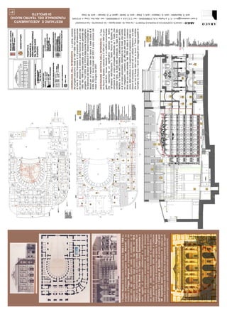 01
                                                                                                                                                                                                                  DI SPOLETO

                                                                                                                                                                                                            RESTAURO E ADEGUAMENTO
                                                                                                                                                                                                           FUNZIONALE DEL TEATRO NUOVO




                                                                   CRONOLOGIA DELL’INTERVENTO - La prima versione
                                                                   del progetto esecutivo risale al 1987-1988. Non disponendo
                                                                   di tutte le risorse finanziarie si è proceduto all’esecuzione
                                                                   dei lavori attraverso 5 distinti stralci funzionali a partire dal
                                                                   1989. Nel 1996 è stata operata una revisione generale del
                                                                   progetto. Tra il 2002 ed il 2003 è stata svolta la progettazio-
                                                                   ne esecutiva dei lavori afferenti il IV° Stralcio funzionale ed i
                                                                   decori per un importo totale dei lavori a base d’asta di €
                                                                   4.664.168,40. I lavori iniziati nel 2003 si sono conclusi nel
                                                                   mese di Giugno del 2007.

                                                                   DESCRIZIONE SINTETICA DELL’INTERVENTO - Il Tea-
                                                                   tro Nuovo di Spoleto, costruito tra il 1854 ed il 1864 su pro-
                                                                   getto dell’Arch. Ireneo Aleandri, è un edificio monumentale
                                                                   che rappresenta un significativo esempio di teatro
                                                                   “all’italiana” dell’Ottocento. Il Teatro Nuovo di Spoleto, si
                                                                   compone di un corpo principale, distribuito su 7 livelli, che
                                                                   contiene l’atrio, la Sala dello spettacolo, la Sala XVII Set-
                                                                   tembre, la Fossa dell’Orchestra, il palcoscenico ed i palchi,
Il Teatro Nuovo di Spoleto fu costruito tra il 1854 e il 1864 su   e di un corpo secondario, distribuito su tre livelli, che contie-
progetto dell’architetto marchigiano Ireneo Aleandri e su          ne i magazzini, i camerini, gli uffici ed altri locali di servizio
iniziativa di Filippo Marignoli, un imprenditore spoletino del     divisi da una corte centrale. Nel 1989, lo stato di conserva-
                                                                   zione delle strutture e lo scadimento progressivo delle con-
tempo che agì nella duplice veste di costruttore e di
                                                                   dizioni di sicurezza, dovuti ad un utilizzo intensivo, era tale
presidente della società degli azionisti. Nel 1910, nel 1914,
                                                                   che se non si fosse dato corso ai lavori, il Teatro avrebbe
1933 e, più recentemente, da quando è sede permanente del          rischiato la chiusura. I lavori eseguiti sono raggruppabili in
Festival dei Due Mondi e del Teatro Lirico Sperimentale è
stato oggetto di consistenti adattamenti e trasformazioni
dovute alla progressiva emanazione di norme di sicurezza
sempre più condizionanti al variare delle esigenze di confort
del pubblico e delle necessità funzionali e simboliche. Lo
stato generale di conservazione delle strutture e l’ulteriore
evoluzione delle norme di sicurezza hanno spinto la Regione
dell’Umbria ed il Comune di Spoleto ad avviare negli anni
‘90 importanti lavori di rifunzionalizzazione di restauro di
messa in sicurezza delle strutture, di adeguamento alle vigenti
normative igienico- sanitarie antincendio e antinfotunistiche
                                                                                                                                                                                                                                                                                                                                                                                                     arch. E. Bacchettini – arch. G. Cittadoni – arch. L. Elisei – arch. R. Gentili – geom. P. D. Gervasi – arch. M. Orazi


                                                                                                                                        ABACO – SOCIETÁ COOPERATIVA DI RICERCA E PROGETTI – Via Visso, 55 - 06049 Spoleto – Tel. 0743/222755 – Fax 0743/222527
                                                                                                                                                                                                                                                                 E-mai:l cooabaco@tin.it – C. F. e Partita I.V.A. 01566500540 – iscr. C.C.I.A.A. n. 01566500540 – iscr. Albo Soc. Coop. n. A131045
 