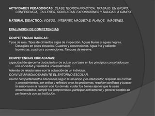 ACTIVIDADES PEDAGOGICAS: CLASE TEORICA PRACTICA, TRABAJO EN GRUPO,
   CONFERENCIA, TALLERES, CONSULTAS, EXPOSICIONES Y SALIDAS A CAMPO.

MATERIAL DIDACTICO: VIDEOS, INTERNET, MAQUETAS, PLANOS, IMÁGENES.

EVALUACION DE COMPETENCIAS

COMPETENCIAS BASICAS:
Tipos de ejes. Tipos de cimientos cajas de inspección. Aguas lluvias y aguas negras.
    Desagües en pisos elevados. Cuadros y convenciones. Agua fría y caliente.
    Isometrías, cuadros y convenciones. Tanques de reserve.

COMPETENCIAS CIUDADANAS:
capacidad de ejercer la ciudadanía y de actuar con base en los principios concertados por
    una sociedad y validados universalmente.
Además de relacionarse con la actuación de un individuo.
CONVIVE ARMONIOSAMENTE EL ENTORNO ESCOLAR.
asumir comportamientos adecuados según la situación y el interlocutor, respetar las normas
    y procedimientos, ser crítico y reflexivo ante los problemas, resolver conflictos y buscar
    la armonía en la relación con los demás, cuidar los bienes ajenos que le sean
    encomendados, cumplir los compromisos, participar activamente y generar sentido de
    pertenencia con su institución.
 