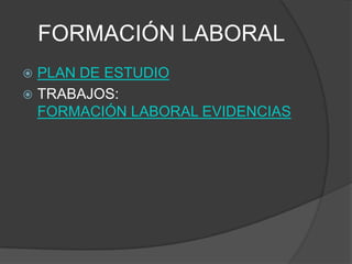 FORMACIÓN LABORAL
 PLAN DE ESTUDIO
 TRABAJOS:
  FORMACIÓN LABORAL EVIDENCIAS
 