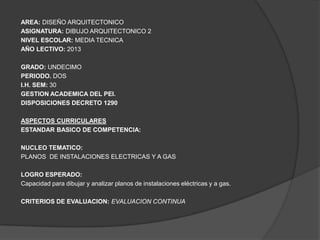 AREA: DISEÑO ARQUITECTONICO
ASIGNATURA: DIBUJO ARQUITECTONICO 2
NIVEL ESCOLAR: MEDIA TECNICA
AÑO LECTIVO: 2013

GRADO: UNDECIMO
PERIODO. DOS
I.H. SEM: 30
GESTION ACADEMICA DEL PEI.
DISPOSICIONES DECRETO 1290

ASPECTOS CURRICULARES
ESTANDAR BASICO DE COMPETENCIA:

NUCLEO TEMATICO:
PLANOS DE INSTALACIONES ELECTRICAS Y A GAS

LOGRO ESPERADO:
Capacidad para dibujar y analizar planos de instalaciones eléctricas y a gas.

CRITERIOS DE EVALUACION: EVALUACION CONTINUA
 