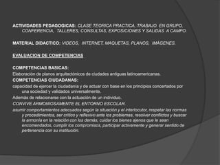 ACTIVIDADES PEDAGOGICAS: CLASE TEORICA PRACTICA, TRABAJO EN GRUPO,
   CONFERENCIA, TALLERES, CONSULTAS, EXPOSICIONES Y SALIDAS A CAMPO.

MATERIAL DIDACTICO: VIDEOS, INTERNET, MAQUETAS, PLANOS, IMÁGENES.

EVALUACION DE COMPETENCIAS

COMPETENCIAS BASICAS:
Elaboración de planos arquitectónicos de ciudades antiguas latinoamericanas.
COMPETENCIAS CIUDADANAS:
capacidad de ejercer la ciudadanía y de actuar con base en los principios concertados por
    una sociedad y validados universalmente.
Además de relacionarse con la actuación de un individuo.
CONVIVE ARMONIOSAMENTE EL ENTORNO ESCOLAR.
asumir comportamientos adecuados según la situación y el interlocutor, respetar las normas
    y procedimientos, ser crítico y reflexivo ante los problemas, resolver conflictos y buscar
    la armonía en la relación con los demás, cuidar los bienes ajenos que le sean
    encomendados, cumplir los compromisos, participar activamente y generar sentido de
    pertenencia con su institución.
 