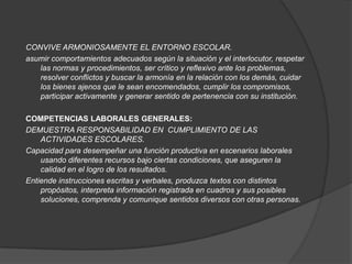CONVIVE ARMONIOSAMENTE EL ENTORNO ESCOLAR.
asumir comportamientos adecuados según la situación y el interlocutor, respetar
   las normas y procedimientos, ser crítico y reflexivo ante los problemas,
   resolver conflictos y buscar la armonía en la relación con los demás, cuidar
   los bienes ajenos que le sean encomendados, cumplir los compromisos,
   participar activamente y generar sentido de pertenencia con su institución.

COMPETENCIAS LABORALES GENERALES:
DEMUESTRA RESPONSABILIDAD EN CUMPLIMIENTO DE LAS
    ACTIVIDADES ESCOLARES.
Capacidad para desempeñar una función productiva en escenarios laborales
    usando diferentes recursos bajo ciertas condiciones, que aseguren la
    calidad en el logro de los resultados.
Entiende instrucciones escritas y verbales, produzca textos con distintos
    propósitos, interpreta información registrada en cuadros y sus posibles
    soluciones, comprenda y comunique sentidos diversos con otras personas.
 