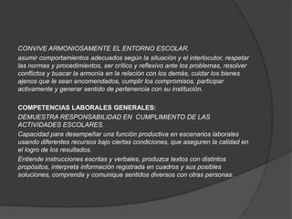 CONVIVE ARMONIOSAMENTE EL ENTORNO ESCOLAR.
asumir comportamientos adecuados según la situación y el interlocutor, respetar
las normas y procedimientos, ser crítico y reflexivo ante los problemas, resolver
conflictos y buscar la armonía en la relación con los demás, cuidar los bienes
ajenos que le sean encomendados, cumplir los compromisos, participar
activamente y generar sentido de pertenencia con su institución.

COMPETENCIAS LABORALES GENERALES:
DEMUESTRA RESPONSABILIDAD EN CUMPLIMIENTO DE LAS
ACTIVIDADES ESCOLARES.
Capacidad para desempeñar una función productiva en escenarios laborales
usando diferentes recursos bajo ciertas condiciones, que aseguren la calidad en
el logro de los resultados.
Entiende instrucciones escritas y verbales, produzca textos con distintos
propósitos, interpreta información registrada en cuadros y sus posibles
soluciones, comprenda y comunique sentidos diversos con otras personas.
 
