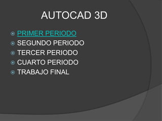 AUTOCAD 3D
 PRIMER PERIODO
 SEGUNDO PERIODO
 TERCER PERIODO
 CUARTO PERIODO
 TRABAJO FINAL
 