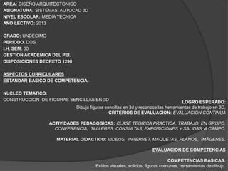 AREA: DISEÑO ARQUITECTONICO
ASIGNATURA: SISTEMAS. AUTOCAD 3D
NIVEL ESCOLAR: MEDIA TECNICA
AÑO LECTIVO: 2013

GRADO: UNDECIMO
PERIODO. DOS
I.H. SEM: 30
GESTION ACADEMICA DEL PEI.
DISPOSICIONES DECRETO 1290

ASPECTOS CURRICULARES
ESTANDAR BASICO DE COMPETENCIA:

NUCLEO TEMATICO:
CONSTRUCCION DE FIGURAS SENCILLAS EN 3D
                                                                                   LOGRO ESPERADO:
                             Dibuja figuras sencillas en 3d y reconoce las herramientas de trabajo en 3D.
                                              CRITERIOS DE EVALUACION: EVALUACION CONTINUA

                 ACTIVIDADES PEDAGOGICAS: CLASE TEORICA PRACTICA, TRABAJO EN GRUPO,
                   CONFERENCIA, TALLERES, CONSULTAS, EXPOSICIONES Y SALIDAS A CAMPO.

                    MATERIAL DIDACTICO: VIDEOS, INTERNET, MAQUETAS, PLANOS, IMÁGENES.

                                                                   EVALUACION DE COMPETENCIAS

                                                                            COMPETENCIAS BASICAS:
                                      Estilos visuales, solidos, figuras comunes, herramientas de dibujo.
 