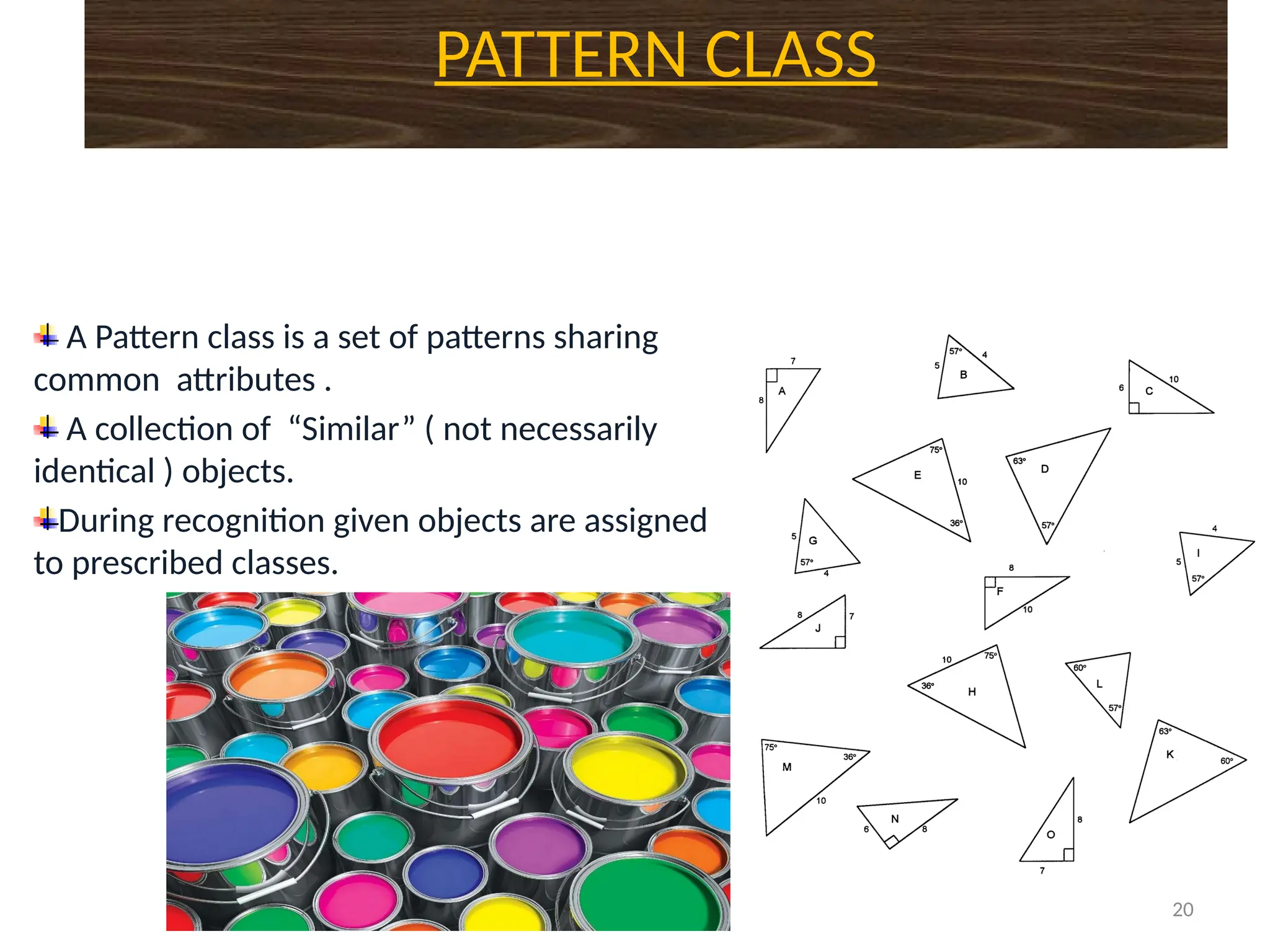 PATTERN CLASS
20
A Pattern class is a set of patterns sharing
common attributes .
A collection of “Similar” ( not necessarily
identical ) objects.
During recognition given objects are assigned
to prescribed classes.
 