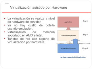 Virtualización asistido por Hardware
• La virtualización se realiza a nivel
de hardware de servidor.
• Ya no hay cuello de botella
usando emulación.
• Virtualización de memoria
soportado en AMD e Intel.
• Tarjetas de red con soporte de
virtualización por hardware.
 