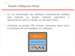 Guest o Máquina virtual
• Es un contenedor de software fuertemente aislado
que ejecuta su propio sistema operativo y
aplicaciones como si fuese un servidor físico.
• Contiene su propio CPU virtual, memoria, disco duro
e interface de red basados en software.
 