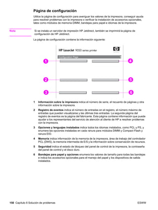 150 Capítulo 6 Solución de problemas ESWW
Página de configuración
Utilice la página de configuración para averiguar los valores de la impresora, conseguir ayuda
para resolver problemas con la impresora o verificar la instalación de accesorios opcionales,
tales como módulos de memoria DIMM, bandejas para papel e idiomas de la impresora.
Nota Si se instala un servidor de impresión HP Jetdirect, también se imprimirá la página de
configuración de HP Jetdirect.
La página de configuración contiene la información siguiente:
1 Información sobre la impresora indica el número de serie, el recuento de páginas y otra
información sobre la impresora.
2 Registro de eventos indica el número de entradas en el registro, el número máximo de
entradas que pueden visualizarse y las últimas tres entradas. La segunda página del
registro de eventos es la página del fabricante. Esta página contiene información que puede
ayudar a los representantes del servicio de atención al cliente de HP a resolver problemas
con la impresora.
3 Opciones y lenguajes instalados indica todos los idiomas instalados, como PCL y PS, y
enumera las opciones instaladas en cada ranura para módulos DIMM y Compact Flash y
ranura EIO.
4 Memoria indica información de la memoria de la impresora, área de trabajo del controlador
PCL (DWS), la memoria intermedia de E/S y la información sobre conservación de recursos.
5 Seguridad indica el estado de bloqueo del panel de control de la impresora, la contraseña
del panel de control y el disco duro.
6 Bandejas para papel y opciones enumera los valores de tamaño para todas las bandejas
e indica los accesorios opcionales para el manejo del papel y los dispositivos de salida
instalados.
Configuration Page 1
HP LaserJet 9050 series printer
1
2
3
4
5
6
 