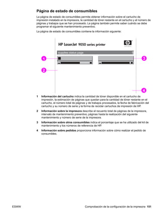 ESWW Comprobación de la configuración de la impresora 151
Página de estado de consumibles
La página de estado de consumibles permite obtener información sobre el cartucho de
impresión instalado en la impresora, la cantidad de tóner restante en el cartucho y el número de
páginas y trabajos que se han procesado. La página también permite saber cuándo se debe
programar el siguiente mantenimiento preventivo.
La página de estado de consumibles contiene la información siguiente:
1 Información del cartucho indica la cantidad de tóner disponible en el cartucho de
impresión, la estimación de páginas que quedan para la cantidad de tóner restante en el
cartucho, el número total de páginas y de trabajos procesados, la fecha de fabricación del
cartucho y su número de serie y la forma de reciclar cartuchos de impresión de HP.
2 Información sobre la impresora describe el recuento total de páginas de la impresora,
intervalo de mantenimiento preventivo, páginas hasta la realización del siguiente
mantenimiento y número de serie de la impresora.
3 Información sobre otros consumibles indica el porcentaje que se ha utilizado del kit de
mantenimiento y los números de referencia de HP.
4 Información sobre pedidos proporciona información sobre cómo realizar el pedido de
consumibles.
supplies status page 1
HP LaserJet 9050 series printer
1
2
3
4
 