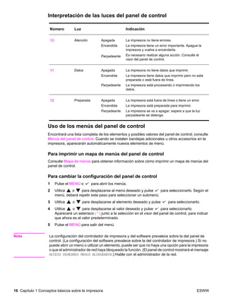 16 Capítulo 1 Conceptos básicos sobre la impresora ESWW
Interpretación de las luces del panel de control
Uso de los menús del panel de control
Encontrará una lista completa de los elementos y posibles valores del panel de control; consulte
Menús del panel de control. Cuando se instalen bandejas adicionales u otros accesorios en la
impresora, aparecerán automáticamente nuevos elementos de menú.
Para imprimir un mapa de menús del panel de control
Consulte Mapa de menús para obtener información sobre cómo imprimir un mapa de menús del
panel de control.
Para cambiar la configuración del panel de control
1 Pulse el MENÚ o para abrir los menús.
2 Utilice o para desplazarse al menú deseado y pulse para seleccionarlo. Según el
menú, deberá repetir este paso para seleccionar un submenú.
3 Utilice o para desplazarse al elemento deseado y pulse para seleccionarlo.
4 Utilice o para desplazarse al valor deseado y pulse para seleccionarlo.
Aparecerá un asterisco ( * ) junto a la selección en el visor del panel de control, para indicar
que ahora es el valor predeterminado.
5 Pulse el MENÚ para salir del menú.
Nota La configuración del controlador de impresora y del software prevalece sobre la del panel de
control. (La configuración del software prevalece sobre la del controlador de impresora.) Si no
puede abrir un menú o utilizar un elemento, puede ser que no haya una opción para la impresora
o que el administrador de red haya bloqueado la función. (El panel de control mostrará el mensaje
ACCESO DENEGADO MENÚS BLOQUEADOS.) Hable con el administrador de la red.
Número Luz Indicación
10 Atención Apagada
Encendida
Parpadeante
La impresora no tiene errores.
La impresora tiene un error importante. Apague la
impresora y vuelva a encenderla.
Es necesario realizar alguna acción. Consulte el
visor del panel de control.
11 Datos Apagada
Encendida
Parpadeante
La impresora no tiene datos que imprimir.
La impresora tiene datos que imprimir pero no está
preparada o está fuera de línea.
La impresora está procesando o imprimiendo los
datos.
12 Preparada Apagada
Encendida
Parpadeante
La impresora está fuera de línea o tiene un error.
La impresora está preparada para imprimir.
La impresora se va a apagar; espere a que la luz
parpadeante se detenga.
 