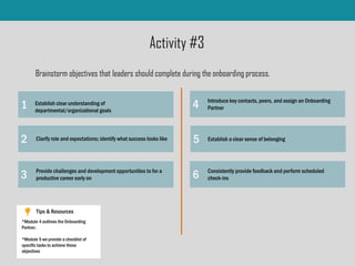 1
2
3
4
*Module 4 outlines the Onboarding
Partner.
*Module 5 we provide a checklist of
specific tasks to achieve these
objectives
Tips & Resources
Activity #3
Brainstorm objectives that leaders should complete during the onboarding process.
Establish clear understanding of
departmental/organizational goals
Clarify role and expectations; identify what success looks like
Provide challenges and development opportunities to for a
productive career early on
Introduce key contacts, peers, and assign an Onboarding
Partner
5 Establish a clear sense of belonging
6 Consistently provide feedback and perform scheduled
check-ins
 