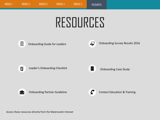 RESOURCES
RESOURCESMODULE 1 MODULE 2 MODULE 3 MODULE 4 MODULE 5
Onboarding Guide for Leaders
Onboarding Partner Guideline
Leader’s Onboarding Checklist
Contact Education & Training
Onboarding Survey Results 2016
Onboarding Case Study
Access these resources directly from the Watercooler intranet
 