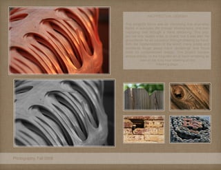 Photography, Fall 2008
ARCHITECTUAL DESIGN I
This project’s focus was on identifying five anomalies
found in everyday life through photography, and then
capturing one through a hand rendering. This proj-
ect not only taught order in chaos, but it was also the
groundwork for an education through drawing by hand.
With the modernization of the world, many artists and
architects forget about hand renderings and focus
more on computerized design. This project focuses
almost entirely on the forgotten art of hand rendering as
seen in the sixty hour drawing on the
following page.
 