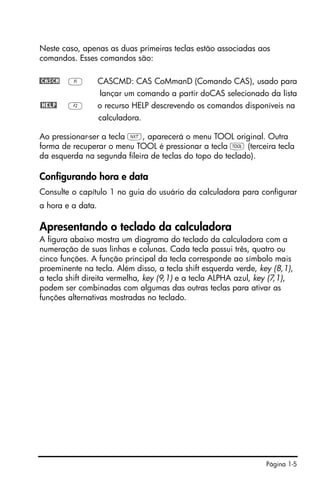 Página 1-5
Neste caso, apenas as duas primeiras teclas estão associadas aos
comandos. Esses comandos são:
@CASCM A CASCMD: CAS CoMmanD (Comando CAS), usado para
lançar um comando a partir doCAS selecionado da lista
@HELP B o recurso HELP descrevendo os comandos disponíveis na
calculadora.
Ao pressionar-ser a tecla L, aparecerá o menu TOOL original. Outra
forma de recuperar o menu TOOL é pressionar a tecla I (terceira tecla
da esquerda na segunda fileira de teclas do topo do teclado).
Configurando hora e data
Consulte o capítulo 1 no guia do usuário da calculadora para configurar
a hora e a data.
Apresentando o teclado da calculadora
A figura abaixo mostra um diagrama do teclado da calculadora com a
numeração de suas linhas e colunas. Cada tecla possui três, quatro ou
cinco funções. A função principal da tecla corresponde ao símbolo mais
proeminente na tecla. Além disso, a tecla shift esquerda verde, key (8,1),
a tecla shift direita vermelha, key (9,1) e a tecla ALPHA azul, key (7,1),
podem ser combinadas com algumas das outras teclas para ativar as
funções alternativas mostradas no teclado.
 