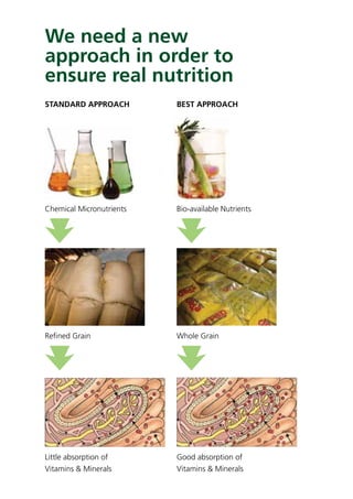 We need a new
approach in order to
ensure real nutrition
STANDARD APPROACH BEST APPROACH
Chemical Micronutrients Bio-available Nutrients
Reﬁned Grain
Little absorption of
Vitamins & Minerals
Whole Grain
Good absorption of
Vitamins & Minerals
 