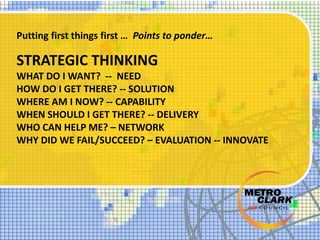 Putting first things first … Points to ponder…
STRATEGIC THINKING
WHAT DO I WANT? -- NEED
HOW DO I GET THERE? -- SOLUTION
WHERE AM I NOW? -- CAPABILITY
WHEN SHOULD I GET THERE? -- DELIVERY
WHO CAN HELP ME? – NETWORK
WHY DID WE FAIL/SUCCEED? – EVALUATION -- INNOVATE
 