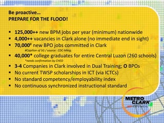 Be proactive…
PREPARE FOR THE FLOOD!
 125,000++ new BPM jobs per year (minimum) nationwide
 4,000++ vacancies in Clark alone (no immediate end in sight)
 70,000# new BPO jobs committed in Clark
#Capilion of SG / source: CDC-Mktg.
 40,000* college graduates for entire Central Luzon (260 schools)
*needs confirmation by CHED
 3-4 Companies in Clark involved in Dual Training; O BPOs
 No current TWSP scholarships in ICT (via ICTCs)
 No standard competency/employability index
 No continuous synchronized instructional standard
 