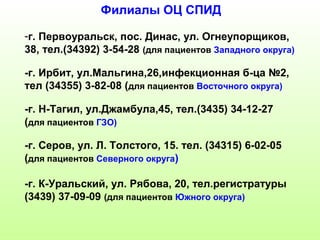 Филиалы ОЦ СПИД 
-г. Первоуральск, пос. Динас, ул. Огнеупорщиков, 
38, тел.(34392) 3-54-28 (для пациентов Западного округа) 
-г. Ирбит, ул.Мальгина,26,инфекционная б-ца №2, 
тел (34355) 3-82-08 (для пациентов Восточного округа) 
-г. Н-Тагил, ул.Джамбула,45, тел.(3435) 34-12-27 
(для пациентов ГЗО) 
-г. Серов, ул. Л. Толстого, 15. тел. (34315) 6-02-05 
(для пациентов Северного округа) 
-г. К-Уральский, ул. Рябова, 20, тел.регистратуры 
(3439) 37-09-09 (для пациентов Южного округа) 
 