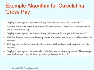 Copyright © 2012 Pearson Education, Inc.
Example Algorithm for Calculating
Gross Pay
 