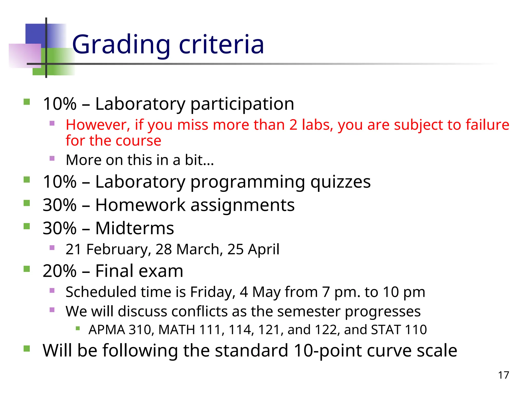 17
Grading criteria
 10% – Laboratory participation
 However, if you miss more than 2 labs, you are subject to failure
for the course
 More on this in a bit…
 10% – Laboratory programming quizzes
 30% – Homework assignments
 30% – Midterms
 21 February, 28 March, 25 April
 20% – Final exam
 Scheduled time is Friday, 4 May from 7 pm. to 10 pm
 We will discuss conflicts as the semester progresses

APMA 310, MATH 111, 114, 121, and 122, and STAT 110
 Will be following the standard 10-point curve scale
 