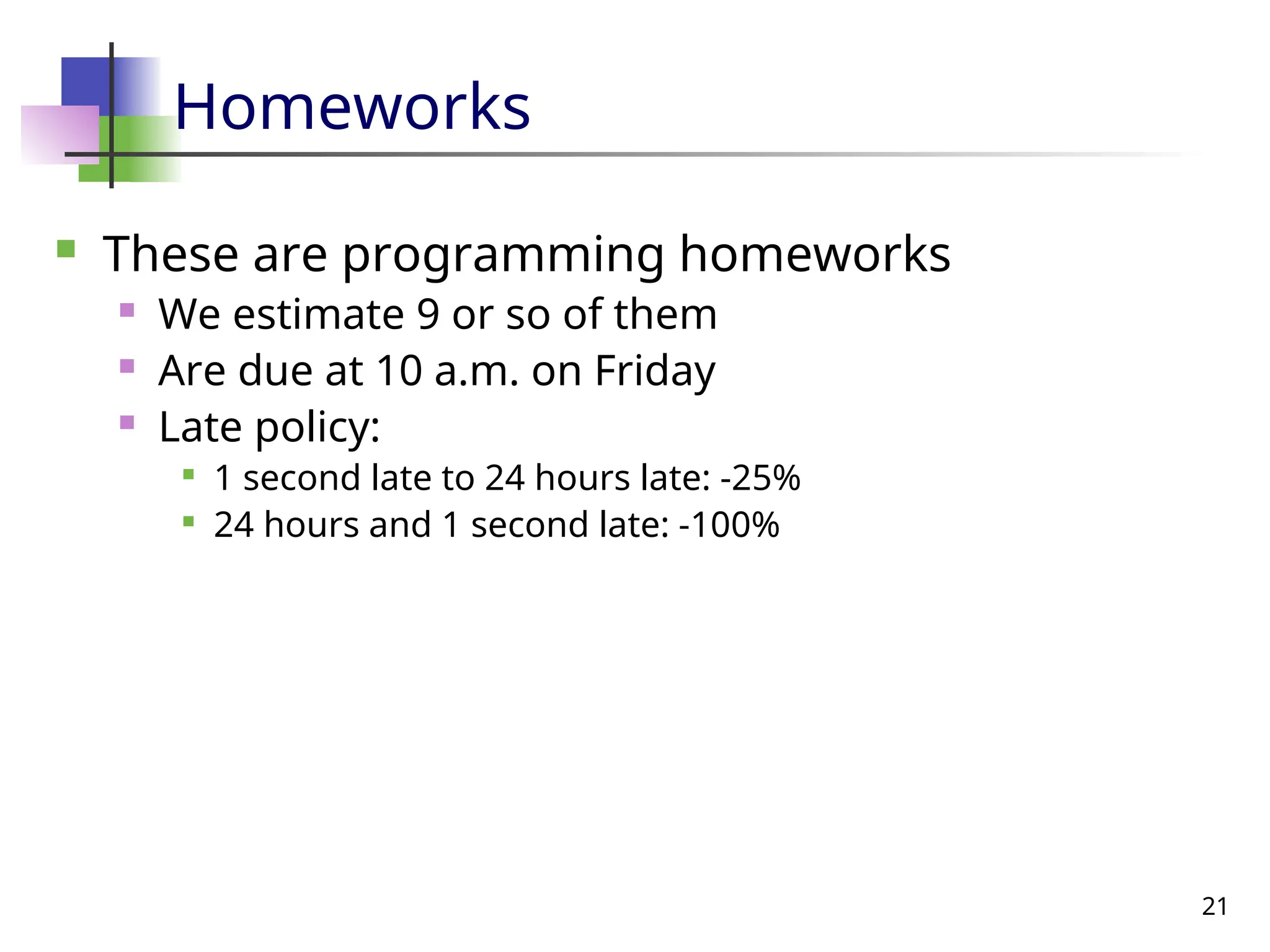 21
Homeworks
 These are programming homeworks
 We estimate 9 or so of them
 Are due at 10 a.m. on Friday
 Late policy:

1 second late to 24 hours late: -25%

24 hours and 1 second late: -100%
 