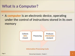 What Is a Computer?
• A computer is an electronic device, operating
under the control of instructions stored in its own
memory
5
Page 6
Information Processing Cycle
Discovering Computers : Chapter 1
 